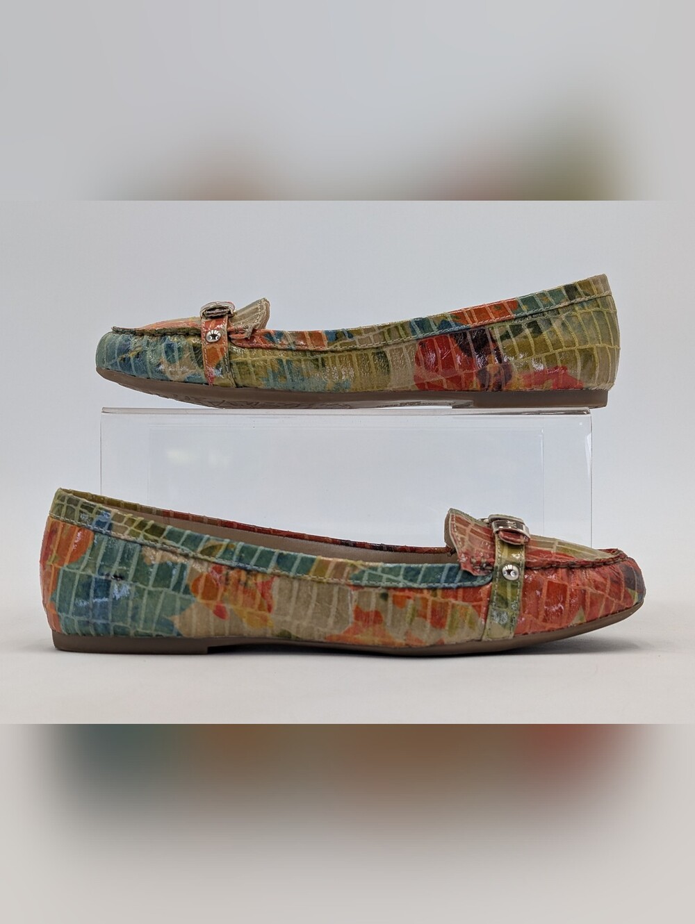 Anne Klein iflex Savina Sz 7.5 Multicolor Coral/Teal Croc Loafers Gold Buckles - Picture 9 of 16